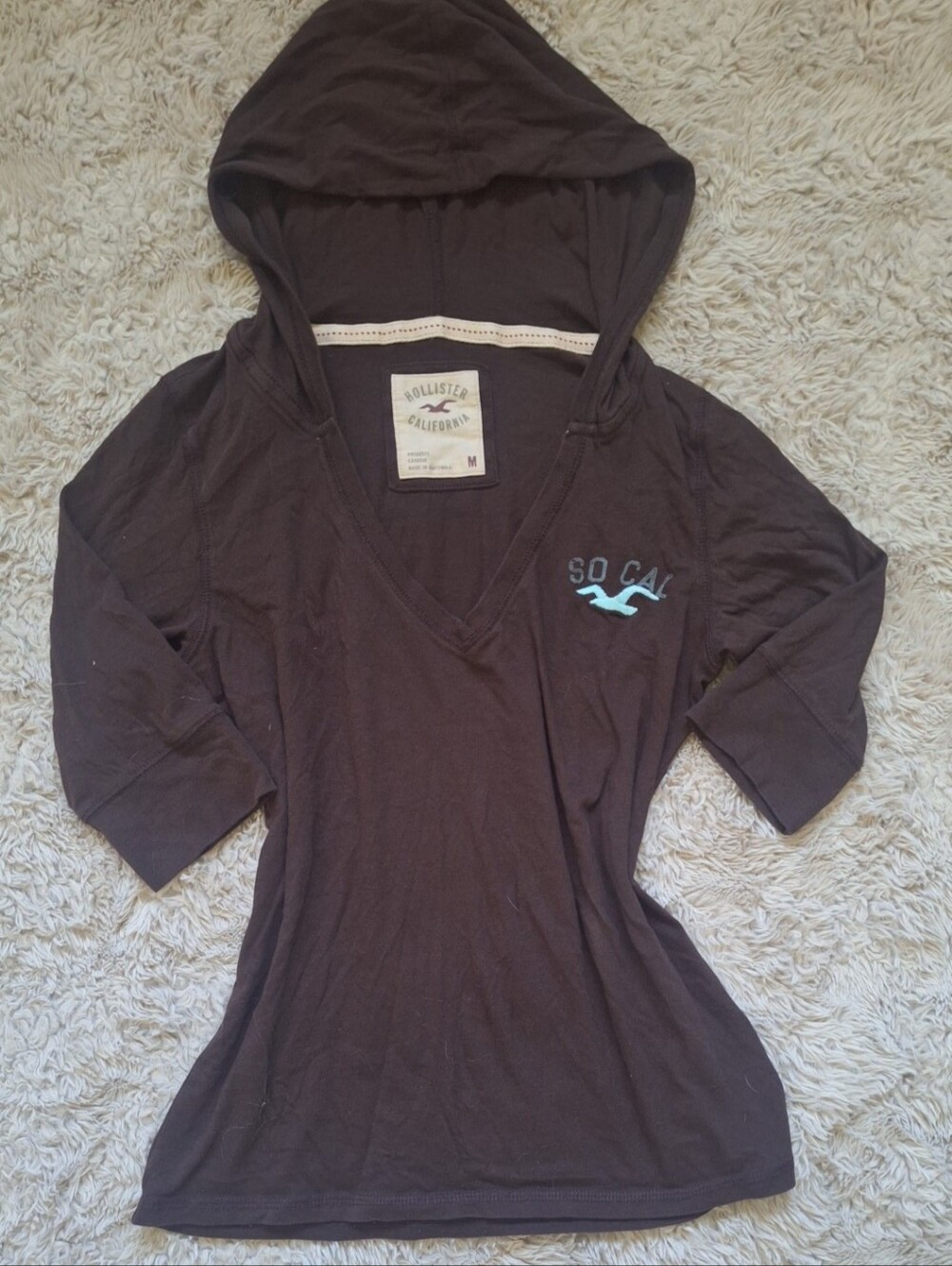 Hollister Brown V-Neck Hooded Women's Top with Light Blue Logo